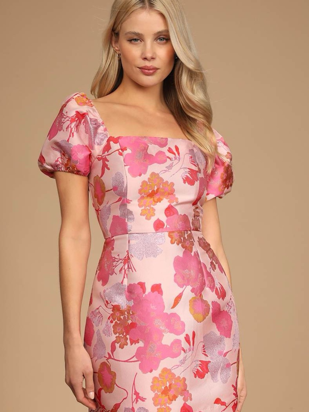 Lulus So Stunning Light Pink Floral Jacquard Puff Sleeve Mini Dres